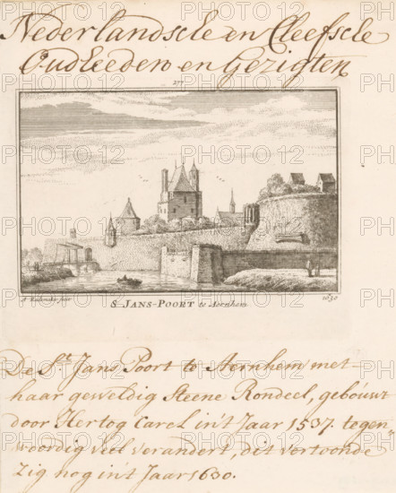 S Jans-Poort te Aernhem, Sint-Janspoort te Arnhem, print, book illustration, Series number, 277, View of the city wall of Arnhem with the Sint-Janspoort on the left, as it was around 1630. In the foreground a rowboat., inscription: 'Nederlandsche en Cleefsche Oudheeden en Gezigten. 'The St. John's Gate in Arnhem with its magnificent Stone Roundel, built by Duke Charles in the year 1537, much changed nowadays, this was still visible in the year 1630', printmaker: Abraham Rademaker, Amsterdam, publisher: Willem Barents, publisher: Antoni Schoonenburg, 1727 - 1733, paper, etching, height 85 mm x width 115 mm, A rectangular framed etching of a riverside fortified town sits near the top center of the page, showing a stone wall and ramparts with towers and turrets rising behind a tree line, a central square tower with pitched roofs, smaller buildings and spires visible among foliage, and two small houses on a raised grassy bank to the right; in front of the wall a waterway contains a small b...