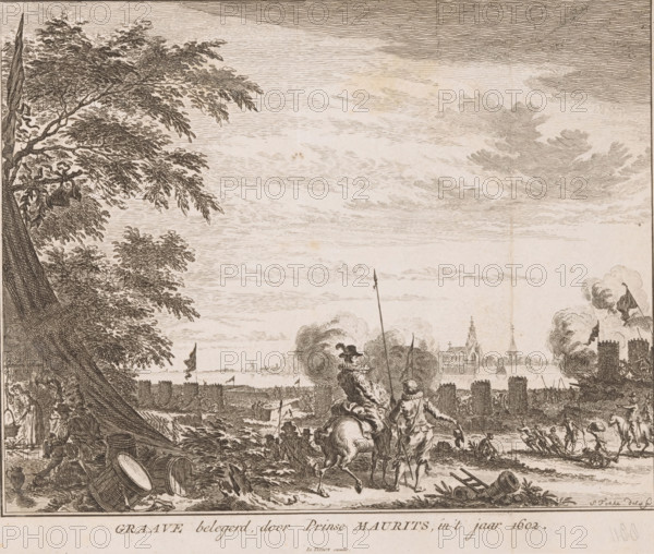 Siege of Grave by Prince Maurits, 1602, Graave besieged, by Prince Maurits, in the year 1602, print, book illustration, printmaker: Simon Fokke, after design by, publisher: Isaak Tirion, Amsterdam, 1753, paper, etching, height 158 mm x width 234 mm, A wide engraved scene shows a shoreline with a tall leafy tree on the left and a distant town skyline with steeples near the horizon, clouds filling the sky above. In the foreground a variety of figures and animals are depicted among scattered barrels, a fallen drum, and other objects; two riders on horseback are moving away from the viewer near the center while smoke and flags rise around a row of battlements that stretch across the middle ground. Along the right edge a round tower with flags and smoke is visible, and nearer the left foreground a draped tent or cloth hangs from the tree while small groups of people stand or sit beneath it. The image is rendered in fine engraved lines with detailed foliage and architectural silhouettes.