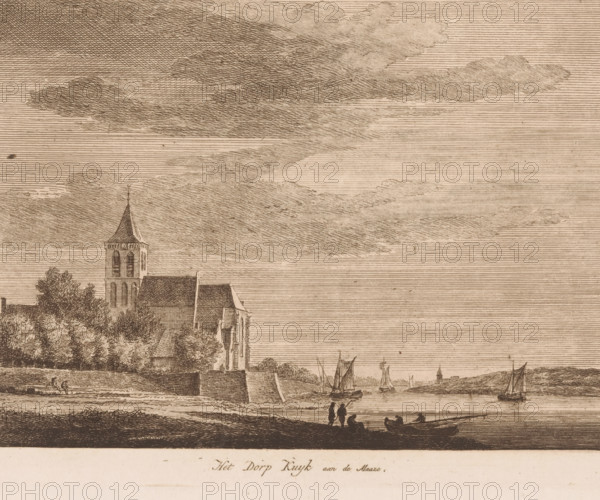 View of the village of Cuijk and the Meuse, The village of Kuyk aan de Maase, print, 1750 - 1850, printmaker, paper, etching, height 158 mm x width 212 mm, church (exterior), Cuijk, A sepia-toned etching shows a riverside scene with a tall church tower featuring arched windows and a pointed spire rising above clustered rooftops and dense trees along the bank. Small sailboats and rowboats float on calm water near the shore, while tiny figures stand and sit by the water’s edge. A broad sky filled with layered, hatched clouds stretches overhead, and the foreground includes a dark shoreline that contrasts with the lighter tones of the water and distant horizon.