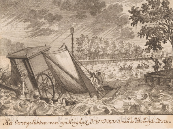 Prince Johan Willem Friso drowns at Moerdijk, print, book illustration, annotation: 'Biography of Prince Johan Willem Friso.', title: ''The Accident of His Highness Jn. Wm. Friso, at the Moerdijk in the year 1711'.', publisher: Johannes van Oosterwyk, Amsterdam, 1716, printmaker, paper, etching, height 124 mm x width 188 mm, A detailed pen-and-ink scene shows a turbulent waterfront with churning waves and a large overturned carriage partially submerged at the water's edge; the carriage has visible wheels, a tilted canopy, and a sail-like covering, and several figures cling to it or struggle in the water nearby. Two men stand on a small boat beside the carriage, one seated and one standing, while other small rowboats with occupants are seen farther out on the water. On the right a wooden dock or quay juts into the water where two figures stand near the edge, and behind them a row of trees lines the riverbank leading to a cluster of buildings with pitched roofs. A tall lamppost rises nea...