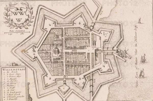 Willemstadt, Map of Willemstad, area plan, print, book illustration, printmaker, paper, etching, letterpress printing, with two strips of text in letterpress on recto, height 146 mm x width 221 mm, A sepia-toned bird's-eye illustration shows a star-shaped fortified town surrounded by layered angular earthworks and moats, with bastions projecting outward and narrow causeways connecting to the surrounding land. Inside the walls a grid of streets and densely packed rows of buildings and houses fill the interior, interspersed with clusters of small trees and garden plots. A central square features a domed building surrounded by open space and smaller structures. Defensive details such as ramparts, gates, and small watch posts are visible along the perimeter, and docks with moored sailing ships extend into a textured body of water at the edge of the image. Decorative elements include a wreathed cartouche in an empty corner and a scale bar nearby. Small boats and sailing vessels appear on th...