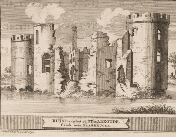 Ruins of the castle at Abcoude, looking towards Baambrugge, View of Abcoude Castle, print, book illustration, printmaker: Jacobus Schijnvoet, publisher: Pieter de Coup, Amsterdam, 1711, paper, etching, height 195 mm x width 213 mm, An engraved scene of ruined stone structures with crumbling walls and towers rises from a grassy foreground, showing arched windows, jagged masonry edges, and a narrow passage where a lone robed figure stands on uneven ground; the sky above is filled with stylized horizontal lines and soft, cloud-like formations, while small trees and tufts of vegetation appear at the edges and between the broken walls.