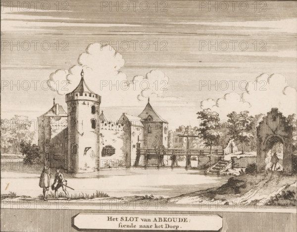 The castle of Abcoude, looking towards the village, View of Abcoude Castle, print, book illustration, printmaker: Jacobus Schijnvoet, publisher: Pieter de Coup, Amsterdam, 1711, paper, etching, height 194 mm x width 214 mm, A pen and ink landscape showing a fortified stone castle with round and rectangular towers, crenellated walls, a pitched roof on one tower, and a wooden bridge or walkway extending across water toward the entrance, surrounded by trees and clouds drawn with fine horizontal hatching, with two figures walking along the foreground near the water and another figure standing by an arched ruin on the right, and grassy banks and a small path leading toward the castle.