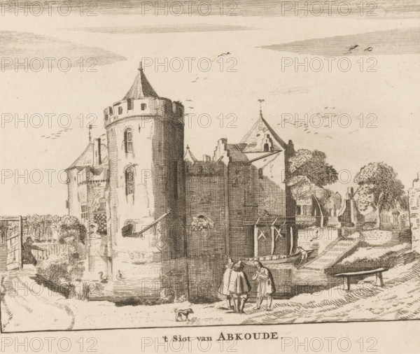 t Slot van Abkoude, View of Slot Abcoude, print, 1650 - 1800, printmaker, paper, etching, height 160 mm x width 191 mm, landscape with tower or castle, castle, Abcoude, Slot Abcoude, A detailed pen-and-ink scene shows a riverside castle with rounded towers, crenellated battlements, and steep conical roofs, surrounded by trees and waterways; small boats are moored beside the stone walls, and three cloaked figures stand on the bank near the water while a small dog stands nearby; ducks swim in the moat and birds are sketched across the sky, with architectural details of windows, chimneys, and a wooden gate visible along the water’s edge.
