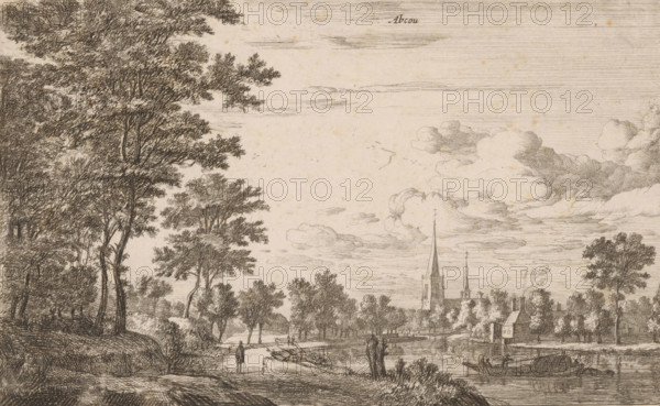 View of Abcoude, Abcou, print, Series number 3, 8, printmaker: Roelant Roghman, publisher: Clement de Jonghe, Amsterdam, 1673 - 1692, paper, etching, height 130 mm x width 206 mm, church (exterior), village, Abcoude, A detailed pen-and-ink landscape showing tall trees on the left with dense foliage and textured trunks, a winding path beside a body of water, and small human figures walking near the shoreline. In the middle distance there are more trees and a small building set close to the water, while further back a village skyline with two church spires rises among clustered rooftops. The sky is filled with layered clouds and faint horizontal lines, and there are small birds drawn in the open space above the village. The foreground includes grassy banks and a moored boat at the water’s edge, and the entire scene is rendered in fine crosshatched strokes on aged paper.
