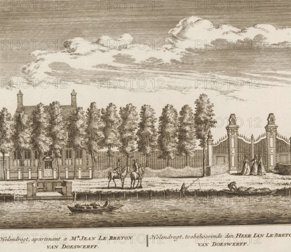 View of the country estate Holendrecht in Abcoude, Holendregt, owner of Mr. Jean le Breton van Doeswerff, belonging to Mr. Ian le Breton van Doeswerff, print, book illustration, Series number, 69, 100, printmaker: Abraham Rademaker, publisher: Leonard Schenk, Amsterdam, 1730, paper, etching, three binding holes in the left margin, height 172 mm x width 200 mm, A sepia-toned engraved scene shows a row of tall leafy trees behind a low fence and formal gates with ornate pillars, flanked by buildings with pitched roofs and chimneys; in front of the trees a grassy promenade features two mounted riders conversing near the center and a person fishing from a small boat to the right while another figure bends over a larger rowboat; nearer the foreground a small boat with seated passengers is being rowed across a calm stretch of water, and a rectangular floating platform sits alongside the bank; above the scene a wide sky filled with horizontal lines and large billowing clouds stretches across t...