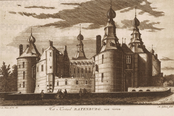 Batenburg Castle, from the front, View of Batenburg Castle, Views of villages and castles, print, Series number, 5, 12, printmaker: Hendrik Spilman, Haarlem, after drawing by Abraham de Haen (II), 1740, paper, etching, height 150 mm x width 227 mm, castle, Batenburg, A detailed sepia-toned engraving of a large stone castle with rounded towers and conical and onion-shaped domed roofs, showing textured brick and masonry, narrow windows, chimneys, and decorative rooflines beneath a sky filled with hatched clouds, with several small groups of people in period dress gathered on a foreground walkway and a curved bridge or embankment along the right edge.