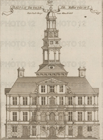 View of the Town Hall in Maastricht, Maeson de ville de Maestricht, The Town Hall of Maastricht, print, printmaker: Jacobus Harrewijn (possibly), 1700 - 1750, paper, etching, height 197 mm x width 155 mm, town hall, exterior, architectural design or model, Maastricht, A detailed architectural engraving of a classical multi-story building with a tall, tiered central tower rising above a pitched roof, featuring arched openings, columns, balustrades, decorative pediments, and sculptural reliefs; the façade shows rows of rectangular windows with mullions, paired columns, an upper balcony with a central door framed by columns, a grand arched entrance flanked by staircases leading to a landing, and rusticated stonework on the lower level; the tower includes successive open arcaded stages, ornamental panels, and a domed top with a finial.