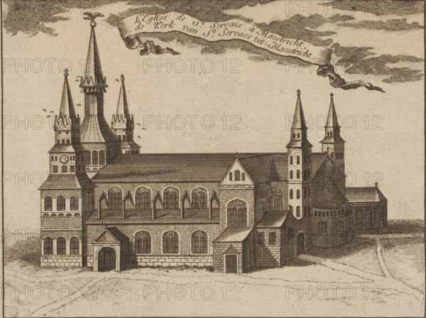 View of St. Servais in Maastricht, L'Eglise de St. Servais à Maestricht. the Church of St. Servaes in Maestricht, print, printmaker: Jacobus Harrewijn (possibly), 1700 - 1750, Jacobus Harrewijn, printmaker, paper, etching, height 160 mm x width 214 mm, church (exterior), Maastricht, St. Servaas Basilica, A detailed ink illustration of a large cathedral complex with multiple tall spires and towers, ornate arched windows, and steeply pitched roofs; the building shows layered architectural sections with buttresses, a variety of window shapes including pointed arches and circular motifs, and decorative roof textures; a banner floats above in the sky, and stylized cloud shading occupies the upper area; birds are depicted near the tallest spire, and the foreground shows a flat, textured ground leading up to the structure.