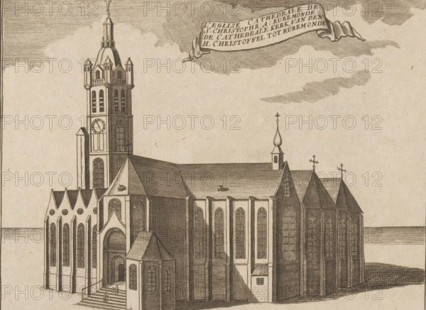 The Cathedral Church of St. Christopher in Rüremonde, View of the St. Christopher Cathedral in Roermond, print, printmaker: Jacobus Harrewijn (possibly), 1700 - 1750, paper, etching, height 155 mm x width 202 mm, church (exterior), Roermond (Limburg), A detailed ink drawing of a large gothic cathedral viewed from an angle, showing a tall bell tower with tiered turrets and a domed top with a finial, a clock face on the tower, steeply pitched roofs with patterned hatching, numerous tall pointed arched windows with tracery, buttresses along the exterior walls, a main entrance approached by stone steps and a small porch, a smaller tower topped by an onion-shaped cupola and a cross-topped spire, decorative crosses on roof peaks, and stylized clouds in the sky.