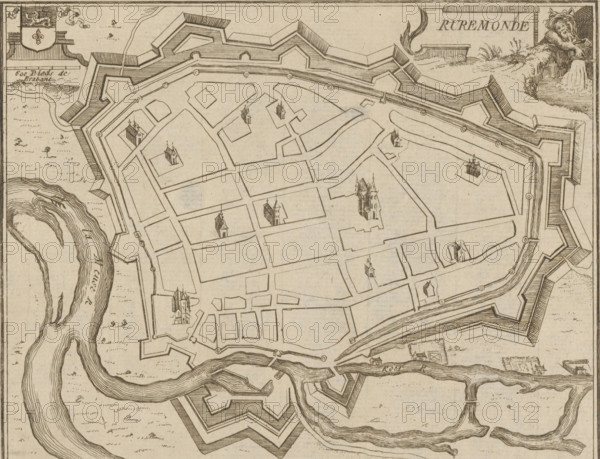 Map of Roermond, Ruremonde, area plan, print, printmaker: Jacobus Harrewijn (possibly), 1700 - 1750, paper, etching, height 155 mm x width 194 mm, maps of cities, Roermond (Limburg), A sepia-toned engraved map view of a fortified town surrounded by angular bastioned walls and moats, showing a grid of streets and rectangular blocks with small illustrated church-like buildings at various locations; a winding river borders part of the town with detailed contour lines indicating water flow; decorative cartouche elements and a reclining lion figure appear near the top corner; the engraving includes hachured shading on the fortifications and textured areas indicating fields or open ground outside the walls.