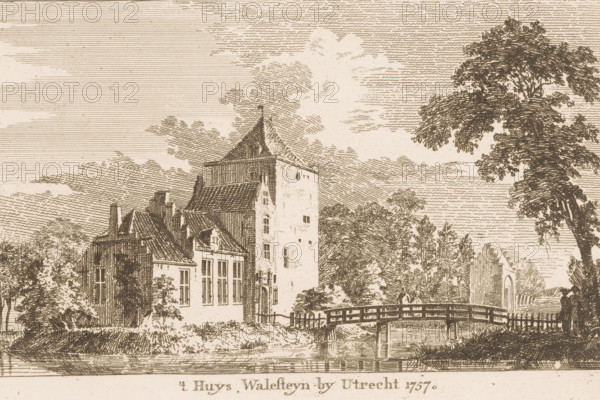 t Huys Walesteyn near Utrecht 1757, View of Walenburg Castle, Nederlangbroek, print, printmaker: attributed to Hendrik Spilman, Haarlem, 1757, Attributed to, paper, etching, height 140 mm x width 215 mm, castle, Langbroek, Walenburg Castle, A sepia-toned engraving shows a cluster of buildings with varied rooflines beside a body of water, including a tall tower-like structure with small windows and adjacent lower houses with pitched roofs and rectangular windows, a small arched doorway is visible on one building, and a wooden bridge with railings crosses the water in front of the buildings; trees with detailed foliage stand to the right and among the buildings, and horizontal engraved lines form a textured sky with scattered cloud shapes.