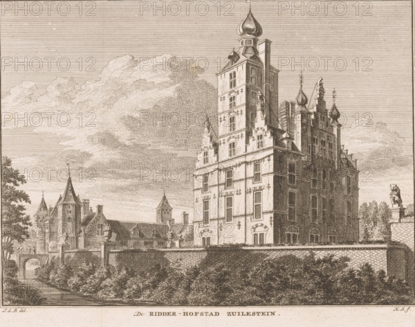View of Zuilenstein Castle, Leersum, The knightly manor of Zuilestein, print, book illustration, Series number, 295-298, printmaker: Hendrik Spilman, after drawing by Jan de Beijer, 1774, paper, etching, height 165 mm x width 210 mm, Print used in: Het verheerlykt Nederland or cabinet of contemporary views of cities, villages, castles, and other prominent city and country buildings, in and around all the particular United Dutch Provinces: drawn from life during the last years by renowned draughtsmen and engraved in copper, serving to clarify the description of the Present State of the United The Netherlands. Amsterdam: Isaac Tirion, vol. 9, castle, Zuilenstein Castle, A detailed ink drawing of a large stone building with multiple steep gables and onion-shaped spires, showing many windows and decorative stonework, next to a high wall and a water-filled moat bordered by dense shrubbery, with additional towers and rooflines visible behind and to the left, a small arched bridge over the wa...