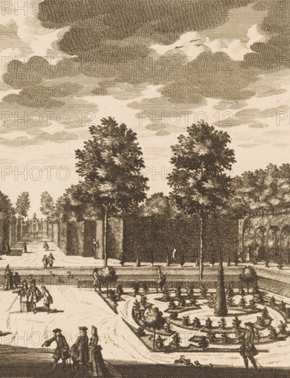 View from Wallestein House towards the garden, Wallestein, from the House to the rear cabinet to be seen, View from the House towards the last cabinet, print, Series number, 69, printmaker: Daniël Stopendaal, publisher: widow Nicolaes Visscher (II), 1719, paper, etching, height 159 mm x width 205 mm, A sepia-toned engraved scene showing a formal garden with rows of tall trees lining a central path, ornate balustrades and stone urns along the walkway, and a circular fountain or planted bed with sculpted edges. Small groups of people in period clothing stand and stroll near the fountain and along the paths, some appearing to converse and some seated on benches. In the distance a classical pavilion or temple structure is visible framed by trees, and the sky above is filled with textured cloud engraving.