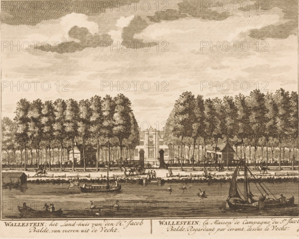 Wallestein House seen from across the Vecht, Wallestein, the Country House of Mr. Jacob Balde, from the front of the Vecht, Looking from the front, above the Vecht, print, Series number, 68, printmaker: Daniël Stopendaal, publisher: widow Nicolaes Visscher (II), 1719, paper, etching, height 160 mm x width 206 mm, A wide sepia-toned engraving shows a riverside scene with a large formal house partially obscured by tall evenly spaced trees lining the riverbank, a wide road or promenade running between the trees and the water, and small groups of people and horse-drawn carriages on the road. Several boats and small sailing vessels occupy the water in the foreground, some with figures aboard and others with swans nearby. The house has a symmetrical façade with a central doorway and windows, flanked by gated posts and low walls, while smaller outbuildings and structures are visible among the trees. The sky above is filled with textured clouds rendered in fine hatchwork.