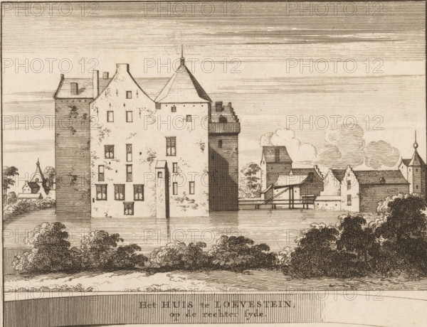 The House at Loevestein, on the right side, View of Loevestein Castle, Castles, country estates and houses in the Netherlands, print, book illustration, printmaker: Jacobus Schijnvoet, Amsterdam, after drawing by Roelant Roghman (possibly), publisher: Pieter de Coup (possibly), 1711, paper, etching, height 195 mm x width 214 mm, Print first used in: Smids, Ludolph. Schatkamer der Nederlandse oudheden, of Woordenboek, between p. 108 and 109. Possibly appeared thereafter in reissues of this work in 1737 and 1774. In 1721, an edition appeared containing only the prints: Nederlandsche oudheden, bestaan in zeskelijk verbeeldingen, gelegen in Holland, 't Sticht van Utrecht en Gelderland enz. Amsterdam: Hendrik Bosch, 1721., castle, Poederoijen, Loevestein Castle, A detailed ink drawing of a large multi-story building complex with varied rooflines and towers set behind a wide body of water, the central structure showing a tall gabled facade with small rectangular windows and a conical roofed ...