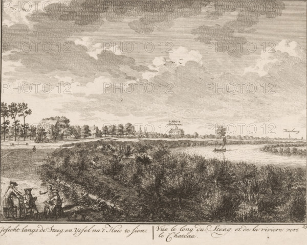 View along the IJssel at Middachten Castle and Doesburg, View along the Steeg and the Yssel towards the House, Vüe le long du Steeg et de la riviere vers le Chateau, Views of Middachten Castle, Various beautiful and entertaining views of the old noble House of Middachten, print, Series number, 15, Numbered lower right: 15., printmaker: Hendrik de Leth, Amsterdam, printmaker: Adolf van der Laan, publisher: Andries de Leth, c. 1725 - 1731, paper, etching, height 163 mm x width 209 mm, A detailed monochrome landscape etched scene showing a wide sky filled with layered, textured clouds above a low horizon; a river curves through the middle ground with a small sailboat on its surface and gentle ripples around it; trees and dense shrubbery line the riverbank and foreground, rendered with intricate crosshatching; a distant village with roofs, a steeple, and a larger building sits across open fields, connected by a small bridge and bordered by scattered trees; figures appear near the lower lef...