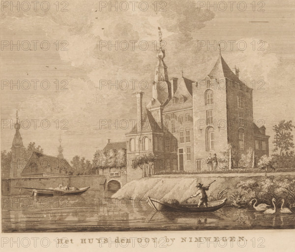 Het Huys den Ooy, by Nimwegen, View of Ooy Castle from the water, print, Netherlands, c. 1770 - c. 1830, printmaker, paper, etching, height 165 mm x width 206 mm, castle, landscape with tower or castle (city(-scape) with figures, staffage), Ubbergen, Ooij, Ooy Castle, Ooy, A detailed sepia-toned etching shows a waterfront scene with a large multi-story brick building featuring steep pitched roofs, dormer windows, decorative chimneys, and a tall ornate turret topped by a finial, sitting behind a low embankment and a row of trees. In the foreground a small rowboat with a standing figure holding a pole moves on calm water near the grassy bank where swans float and reeds grow. To the left several other boats lie on the water near a stone quay and an arched bridge opening in the embankment. Additional smaller roofed structures and towers with decorative spires appear beyond the main building under a sky filled with layered clouds and a few flying birds. Two figures stand on the embankment n...