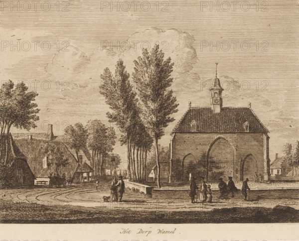 Village view in Wamel in Gelderland, The Village of Wamel, Views of prominent Dutch villages, Dutch village views, print, Series number, 6, Numbered top right: 6., printmaker: Hendrik Spilman (possibly), publisher: Pierre Fouquet (possibly), Amsterdam, c. 1770 - c. 1800, paper, etching, intaglio printmaking technique, height 159 mm x width 210 mm, Print possibly from: Views of prominent Dutch villages. Amsterdam: Pierre Fouquet, sa, church (exterior), village (city(-scape) with figures, staffage), Wamel, A sepia-toned etching showing a village scene with a large building on the right that has a steep tiled roof, small dormer windows, a small tower with a domed cap and spire, and three large arched openings on its facade. Tall, narrow trees stand in front of and beside the building, their textured foliage rendered with fine lines. On the left and center are clusters of thatched and gabled houses with visible chimneys and varied rooflines. In the foreground a paved area or square is visi...