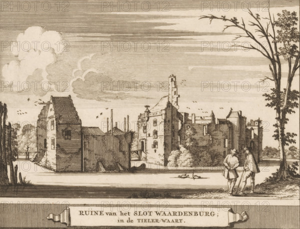 View of the ruins of Waardenburg Castle, Ruins of Waardenburg Castle, in the Tieler-Waart, Castles, country estates and houses in the Netherlands, print, book illustration, printmaker: Jacobus Schijnvoet, Amsterdam, after drawing by Roelant Roghman (possibly), publisher: Pieter de Coup (possibly), 1711, paper, etching, height 195 mm x width 214 mm, Print first used in: Smids, Ludolph. Schatkamer der Nederlandse oudheden, of Woordenboek, between p. 372 and 373. Possibly appeared thereafter in reissues of this work in 1737 and 1774. In 1721, an edition appeared containing only the prints: Nederlandsche oudheden, bestaan in zesachtig verbeeldingen, gelegen in Holland, 't Sticht van Utrecht en Gelderland enz. Amsterdam: Hendrik Bosch, 1721., ruin of a dwelling, house, castle, landscape with ruins (city(-scape) with figures, staffage), Waardenburg, A detailed ink landscape shows a riverside scene with a row of old buildings and ruins along the water, including structures with pitched roofs,...