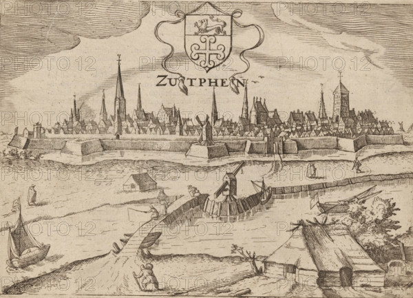 Zutphen, View of Zutphen from across the IJssel, print, book illustration, publisher: Jan Jansz., Arnhem, 1616, printmaker, paper, etching, letterpress printing, with text in letterpress on verso, height 144 mm x width 201 mm, A wide sepia-toned etching shows a fortified town across a river with a long wall, ramparts, and clustered steep-roofed buildings punctuated by tall slender spires and a square tower, a decorated shield with a ribbon motif floating above the skyline, clouds drawn with fine horizontal lines filling the sky, small boats and a larger vessel on the water near a wooden quay, a curving bridge or causeway connecting riverbank to the town with a simple gate structure, several tiny human figures on land and near the water engaged in walking and working, scattered trees and low shrubs along the foreground, and detailed linework indicating textures of water, earth, roofs, and masonry throughout.