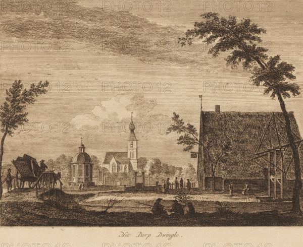 The Village of Dwinglo, Village view in Dwingeloo, Views of prominent Dutch villages, Dutch village views, print, Series number, 11, Numbered top right: 11., printmaker: Hendrik Spilman (possibly), publisher: Pierre Fouquet (possibly), Amsterdam, c. 1770 - c. 1800, paper, etching, intaglio printmaking technique, height 160 mm x width 209 mm, Print possibly from: Views of prominent Dutch villages. Amsterdam: Pierre Fouquet, sa, church (exterior), village (city(-scape) with figures, staffage), Dwingeloo, A sepia-toned etched landscape shows a village scene with a sky filled with horizontal hatch lines and wispy clouds, tall trees with detailed foliage framing the sides, and a range of buildings including a church with a spire and bulbous dome, a large thatched-roof structure with a chimney, and smaller houses partially obscured by trees; figures are visible throughout, including groups of people standing near a waterfront, two seated figures silhouetted at the water's edge, and a horse-d...