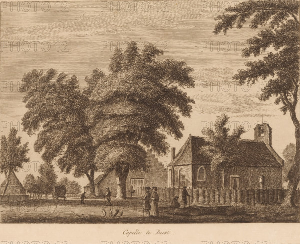 Capelle in Deest, Village view in Deest, Views of prominent Dutch villages, Dutch village views, print, Series number, 4, Numbered top right: 4., publisher: Pierre Fouquet (possibly), Amsterdam, c. 1770 - c. 1800, printmaker, paper, etching, intaglio printmaking technique, height 160 mm x width 212 mm, Print possibly from: Views of prominent Dutch villages. Amsterdam: Pierre Fouquet, sa, church (exterior), village (city(-scape) with figures, staffage), Deest, A sepia-toned etching showing a village scene with large leafy trees dominating the foreground and background, a pitched-roof building with arched windows and a small tower partially visible behind a wooden fence, smaller houses and stepped gables peeking between the trees, several human figures standing and walking near the fence and along a dirt road, a group of birds on the ground near the road, textured sky filled with horizontal etched lines, and a thatched structure visible to the left.