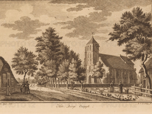 Village view in Enspijk, The Village of Enspyk, print, Series number, 4, Numbered top right: 4., printmaker: Philippus van der Schley, Netherlands, after drawing by Jan de Beijer, c. 1750 - c. 1790, paper, etching, height 144 mm x width 205 mm, church (exterior), village (city(-scape) with figures, staffage), Spijk (Lingewaal), Enspijk, A sepia-toned engraving shows a village scene with a large church building featuring a tall tower and pitched roof partially obscured by trees, a row of trees lining a curved dirt road, and several small figures walking or standing near the road and a fence. Clouds cross the sky, birds are visible in flight, a horse-drawn cart stands on the road, and houses with thatched or tiled roofs frame the scene. Vegetation and hedges border the churchyard and pathway, and a few people appear to be conversing or carrying objects near a wooden fence.