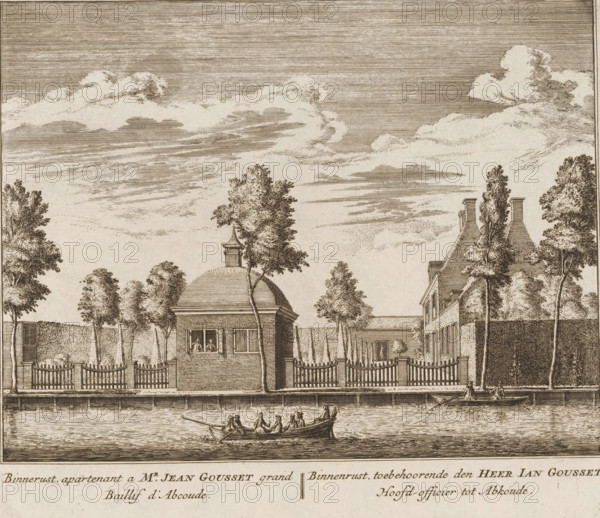 View of the country estate Binnenrust, in Abcoude, Binnenrust, owner of Mr. Jean Gousset, grand bailiff of Abcoude, belonging to Mr. Ian Gousset, chief officer of Abcoude, print, book illustration, Series number, 70, 100, printmaker: Abraham Rademaker, publisher: Leonard Schenk, Amsterdam, 1730, paper, etching, three binding holes in the left margin, height 172 mm x width 199 mm, A sepia-toned engraving showing a waterside scene with a wide sky filled with layered, horizontally etched clouds above a row of trees and buildings behind a tall fence; a domed pavilion with a small cupola sits near the center with windows displaying two seated figures, flanked by slender trees and hedges, and adjacent to a multi-story house with chimneys and tall trees; a wooden picket fence runs along the waterfront with gated openings, and boats with small groups of people are on the water in the foreground, one boat being rowed and another near the quay.