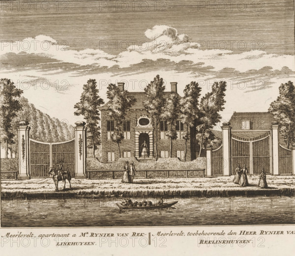 Meerlevelt, owner of Mr. Rynier van Reklinkhuysen, View of the country estate Meerleveld, in Baambrugge, print, book illustration, Series number, 72, 100, printmaker: Abraham Rademaker, publisher: Leonard Schenk, Amsterdam, 1730, paper, etching, three binding holes in the left margin, height 172 mm x width 199 mm, A wide engraved scene shows a formal entrance with tall decorative gates set between pillared posts, a central brick house partly obscured by tall trees, windows and a rounded doorway with a figure standing inside, flanking outbuildings with tiled roofs, a gravel forecourt with walking figures and a mounted rider near the left gate, a small boat with seated figures on the water in the foreground, and a sky filled with horizontal lines and layered clouds above.