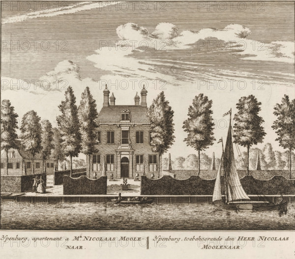 View of the country estate Ypenburg, in Abcoude, Ypenburg, apartmentnant to Mr. Nicolaas Moolenaar, belonging to Mr. Nicolaas Moolenaar, print, book illustration, Series number, 73, 100, printmaker: Abraham Rademaker, publisher: Leonard Schenk, Amsterdam, 1730, paper, etching, three binding holes in the left margin, height 171 mm x width 200 mm, A detailed pen-and-ink scene shows a riverside view with a large three-story house centered behind a neatly trimmed hedge and flanked by tall trees, the house featuring a pitched roof with decorative chimneys, symmetrical windows, and a central doorway approached by steps and a small fountain in front; to the right a sailboat with furled and raised sails is moored at the riverbank while a smaller rowboat with figures drifts on the water; to the left a smaller building sits partly obscured by trees and a pathway leads from the riverbank past the hedge where two walking figures stand; the sky above is filled with layered horizontal lines and bill...
