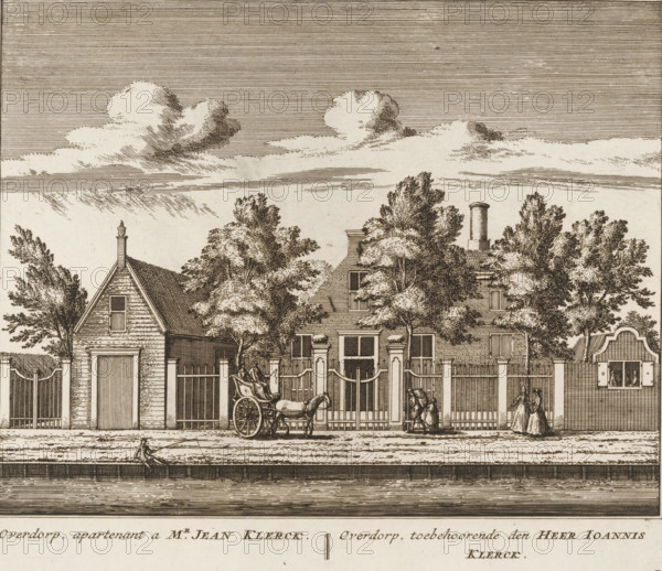 View of the country estate Overdorp, in Baambrugge, Overdorp, apartment to Mr. Jean Klerck, belonging to Mr. Ioannis Klerck, print, book illustration, Series number, 79, 100, printmaker: Abraham Rademaker, publisher: Leonard Schenk, Amsterdam, 1730, paper, etching, three binding holes in the left margin, height 174 mm x width 200 mm, A detailed pen-and-ink scene shows a row of buildings behind a tall fence with gates, with trees rising above the rooftops and a cloudy sky overhead; on the street in front there is a horse-drawn carriage stopped by the gate and a person standing near it, another person walking nearby, and a figure seated at the canal edge with a long pole; architectural details include gabled roofs, chimneys, windows, and a small arched doorway set into the fence.