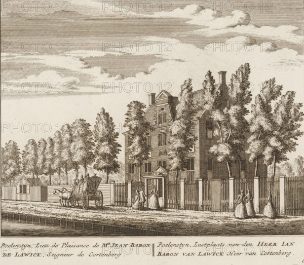 Poelenstyn, pleasure estate of Mr. Jean Baron de Lawick, Lord of Cortenberg, pleasure estate of Mr. Jan Baron van Lawick, View of the country estate Poelenstijn, in Baambrugge, print, book illustration, Series number, 80, 100, printmaker: Abraham Rademaker, publisher: Leonard Schenk, Amsterdam, 1730, paper, etching, three binding holes in the left margin, height 174 mm x width 200 mm, A detailed monochrome engraving shows a large multi-story house partially obscured by tall leafy trees, with a pitched roof, chimneys, and a central entrance flanked by columns and a fenced yard. In front of the fence a group of women in long dresses stand and walk along a street, while a horse-drawn cart with a seated driver is positioned nearby. A low wall and a row of trees extend along the background, and the sky above is filled with layered, finely lined clouds. The foreground includes a paved or cobbled roadway and a water channel with a stone edge.