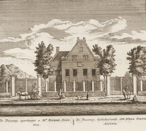 View of the country estate De Patiëntie, near Baambrugge, De Pacienzy, owner of Mr. Pierre Apostol, belonging to Mr. Pieter Apostol, print, book illustration, Series number, 81, 100, printmaker: Abraham Rademaker, publisher: Leonard Schenk, Amsterdam, 1730, paper, etching, three binding holes in the left margin, height 173 mm x width 200 mm, A detailed ink illustration showing a large house with a steep triangular roof, multiple windows, decorative roof urns, and a central plaque above the entrance, flanked by tall trees and set behind a metal fence with stone pillars; a carriage drawn by a horse stands near the left gate while a mounted rider and a seated figure are near the right gate; three people walk along the sidewalk in front of the fence, one leading a small dog; the sky is filled with layered, hatched clouds and the foreground shows a textured road surface.
