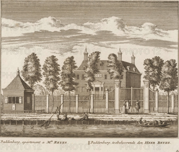 View of the country estate Paddenburg, near Baambrugge, Paddenburg, apartmentnant to Mr. Reyks, belonging to Mr. Reyks, print, book illustration, Series number, 84, 100, printmaker: Abraham Rademaker, publisher: Leonard Schenk, Amsterdam, 1730, paper, etching, three binding holes in the left margin, height 172 mm x width 200 mm, An engraved scene shows a gated estate with a large house behind a tall wooden fence and stone pillars, flanked by trees and smaller buildings, a river in the foreground with a small boat and figures near the water, a few people standing by the gate, and a sky filled with layered clouds.