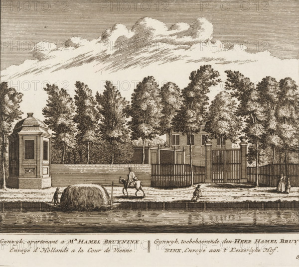 Gynwyk, apartnant a mr. Hamel Bruyninx, envoyé d'Hollande a la cour de Vienne, toebehoorende den heer Hamel Bruyninx, envoyé aan 't Keizerlijke hof, View of the country estate Gijnwijk, near Baambrugge, print, book illustration, Series number, 85, 100, printmaker: Abraham Rademaker, publisher: Leonard Schenk, Amsterdam, 1730, paper, etching, three binding holes in the left margin, height 174 mm x width 200 mm, A detailed sepia-toned engraving shows a row of tall, leafy trees behind a high wall and wooden fence with a gate, flanked by classical pavilion-like structures, while clouds fill the sky above; in the foreground a waterway reflects the scene, a small boat carrying a large rounded load is near the bank where a standing figure tends it, a mounted rider in a cloak moves along the road, a person walks nearby, and a woman in a long dress stands at the gate.