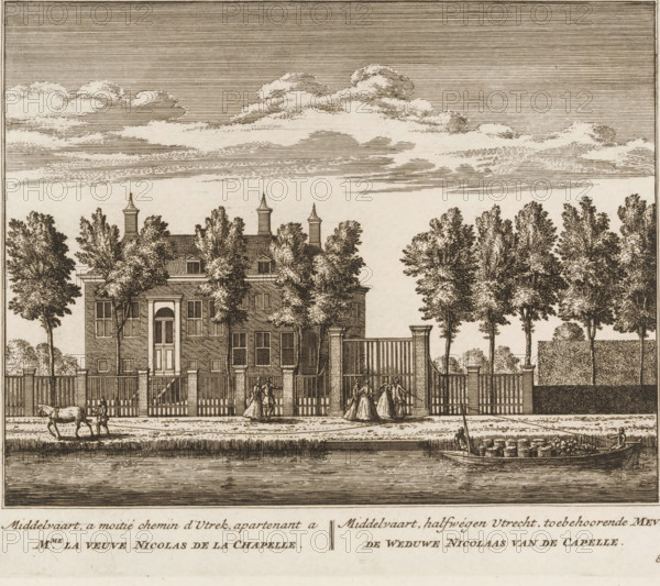 Middelvaart, halfway between Utrecht, belonging to Mrs. Nicolas de la Chapelle, belonging to Mrs. Nicolaas van de Capelle, View of the country estate Middelvaart, near Baambrugge, print, book illustration, Series number, 86, 100, printmaker: Abraham Rademaker, publisher: Leonard Schenk, Amsterdam, 1730, paper, etching, three binding holes in the left margin, height 172 mm x width 200 mm, A detailed engraved scene shows a large brick house with a central doorway and multiple windows, partially obscured by tall leafy trees; a high fence with gated entrances runs across the front of the property, where several figures in period dress stand or walk; a person leads a horse along the path in front of the fence and a boat loaded with barrels and a standing figure is on the water in the foreground; the sky above contains layered, horizontally hatched clouds.