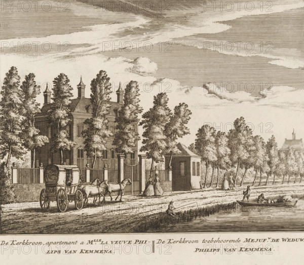 De Kerkkroon, apartenent a mlle. la veuve Philips van Kemmena, toebehoorende mejufw. de woorden Philips van Kemmena, Gezicht op de buitenplaats De Kerkkroon, bij Baambrugge, print, book illustration, Series number, 88, 100, printmaker: Abraham Rademaker, publisher: Leonard Schenk, Amsterdam, 1730, paper, etching, three binding holes in the left margin, height 174 mm x width 200 mm, A detailed ink drawing of a street scene showing a large multi-story house partially obscured by tall leafy trees, a gated entrance with pillars, and a small outbuilding nearby; in front of the gate a covered carriage drawn by a pair of horses stands on the road while several people in period clothing walk or stand nearby; along the roadside a person sits at the water’s edge and two figures work in a small rowed boat on the water; the sky above features layered, finely hatched clouds.
