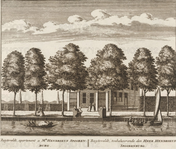Ruyteveldt, owner of Mr. Hendrikus Spoorenburg, belonging to Mr. Hendrikus Spoorenburg, View of the country estate Ruyteveldt, near Loenersloot, print, book illustration, Series number, 90, 100, printmaker: Abraham Rademaker, publisher: Leonard Schenk, Amsterdam, 1730, paper, etching, three binding holes in the left margin, height 170 mm x width 200 mm, An engraving showing a row of tall trees with dense, textured foliage lining a waterfront promenade, a two-story building partly obscured by the trees with a porch and columns and figures standing on the steps, ornamental stone benches on the paved area in front of the building, people walking along the promenade, a small rowboat with two figures carrying a load on the water and a sailboat with several passengers nearby, a calm body of water reflecting the boats, a low wall or fence behind the trees, and a sky filled with horizontal linework and stylized clouds.