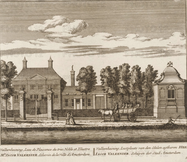 Valkenheining, pleasure estate of the very noble and illustrious Mr. Jacob Valkenier, alderman of the city of Amsterdam, pleasure grounds of the noble and admirable gentleman Jacob Valkenier, View of the country estate Valkenheining, near Loenersloot, print, book illustration, Series number, 93, 100, printmaker: Abraham Rademaker, publisher: Leonard Schenk, Amsterdam, 1730, paper, etching, three binding holes in the left margin, height 172 mm x width 200 mm, A sepia-toned engraved scene shows a stately building with a tiled roof, chimneys, and shuttered windows behind a gated entrance with tall pillars, flanked by leafy trees and hedges; to the right a smaller ornate pavilion with a curved roof and decorative finial stands near more trees; in front of the buildings a road runs parallel to a waterway, where a horse-drawn cart carrying figures is moving along while two people walk together nearby and a seated figure sits by the water; the sky is filled with layered horizontal lines and s...