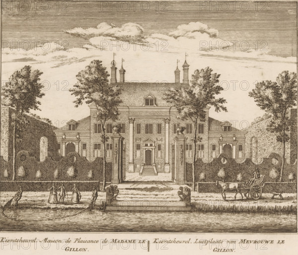 View of the country estate Kievitsheuvel, near Abcoude, Kievitsheuvel, maison de plaisance de madame Le Gillon, pleasure grounds of Madame Le Gillon, print, book illustration, Series number, 67, 100, printmaker: Abraham Rademaker, publisher: Leonard Schenk, Amsterdam, 1730, paper, etching, height 170 mm x width 197 mm, A detailed line drawing of a grand symmetrical mansion viewed from the front, with a central entrance approached by steps and framed by columns and decorative urns on pedestals, flanked by matching wings with arched doorways and dormer windows on a pitched roof topped by tall chimneys and small flag-topped finials; neatly clipped high hedges with rounded tops form a formal garden in front of the house, punctuated by regularly spaced rounded shrubs and two taller trees rising beside the entrance; a low balustrade and gate pillars mark the approach, and a carriage drawn by a horse stands to one side on a pathway while small groups of people in period clothing stroll nearby...