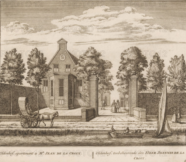 View of the country estate Oldenhof, near Abcoude, Oldenhof, apartment to Mr. Jean de la Croix, belonging to Mr. Joannis de la Croix, print, book illustration, Series number, 66, 100, printmaker: Abraham Rademaker, publisher: Leonard Schenk, Amsterdam, 1730, paper, etching, height 170 mm x width 197 mm, An ink engraving of a riverside scene showing a central two-story building with a steep gabled roof and a small tower above, flanked by tall trees and gate pillars topped with ornamental urns, a carriage drawn by a horse passing on the road in front of the building, a small boat with a sail and seated figures on the water, additional figures walking through the gated entrance toward the building, walled gardens or hedges at the sides, and a sky filled with layered clouds.