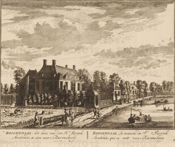 View of the country estate Roosendaal, in Zuilen near Utrecht, Roosendaal, the house of Mr. Joseph Aredondo, seen towards Ravensberg, Roosendaal la maison du sr. Joseph Aredondo, qui se voit vers Ravensberg, print, book illustration, Series number, 6, 98, printmaker: Daniël Stopendaal, publisher: widow Nicolaes Visscher (II), Amsterdam, 1719, paper, etching, height 162 mm x width 202 mm, A detailed monochrome engraving shows a large house with a steep tiled roof, dormer windows, and chimneys, surrounded by trees and hedges; a smaller building and gated entrance sit nearby, with a road or path running alongside a waterway where boats with oars and seated figures are visible; people appear on horseback and on foot along the road, and livestock graze in a field; the sky is filled with layered clouds and a small flock of birds.