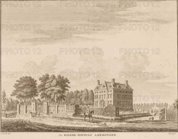 View of the Knight's Manor in Amerongen, The Knight's Manor Amerongen, print, book illustration, printmaker: Hendrik Spilman, after drawing by Jan de Beijer, 1742 - 1784, paper, etching, engraving, height 159 mm x width 200 mm, bridge in village across river, canal, landscape with tower or castle, castle, Amerongen, A sepia-toned etching shows a large multi-story mansion with a steep roof, chimneys, and rows of windows, set behind formal hedges and a low wall; a gated entrance with pillars opens onto a curved drive lined by trees, and a rider on horseback travels along the path while a dog stands near a fence; tall leafy trees cluster to one side of the house, and a sky filled with layered, hatched clouds stretches above the scene.