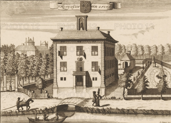 View of Gunterstein in Breukelen, 't Huys te Gunter-steyn, print, book illustration, after drawing by Caspar Specht, publisher: Joachim Ottens, after 1710, Caspar Specht, Joachim Ottens, printmaker, after drawing by, publisher, paper, etching, engraving, height 149 mm x width 205 mm, A detailed etching of a large rectangular building with a hipped roof and a small cupola on top, flanked by rows of trees and formal garden elements, showing the building's symmetrical front with shuttered windows, a central arched doorway with a balcony above, and rusticated quoins at the corners, a paved walkway and a small arched bridge crossing a water channel in front, figures walking near the building, a rider on a horse at the left leading the animal by reins, a small boat with seated figures in the water, garden parterres and a decorative wall on the right, a chimneyed outbuilding behind the main house with smoke rising, and distant trees and simple linear clouds in the sky.