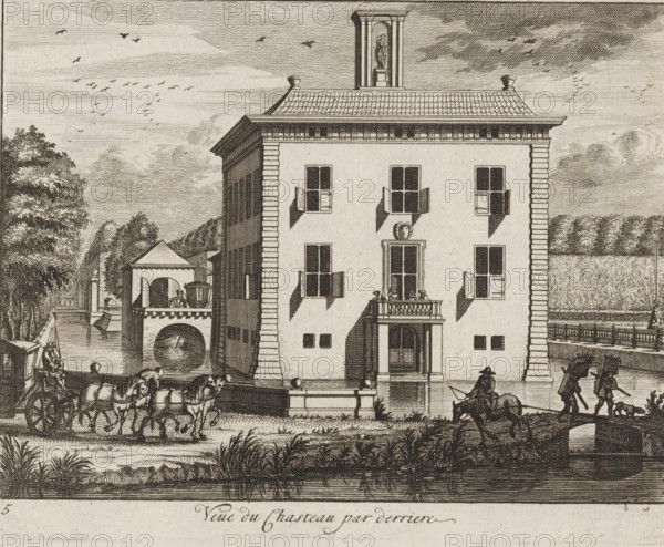 View of Gunterstein Castle from behind, View of Gunterstein in Breukelen, print, Series number, 5, 16, printmaker: Joseph Mulder, publisher: Nicolaes Visscher (II), Amsterdam, 1679 - 1702, paper, etching, engraving, height 130 mm x width 162 mm, castle, four-wheeled vehicle drawn by more than three animals, Breukelen, Gunterstein Castle, A detailed black and white engraving shows a large rectangular building with a tiled roof and a small tower rising from the center top containing a statue; the façade has several shuttered windows, a small balcony with figures on it above an arched doorway, and a wreath-like ornament above a central window; to the left of the building a bridge-like structure spans a waterway with an arched opening and a covered pavilion, and a boat is visible in the water beneath; in the foreground a team of horses pulls a cart along a road while a rider on horseback and two walking figures with a dog move nearby; trees and a row of hedges appear in the background, and...