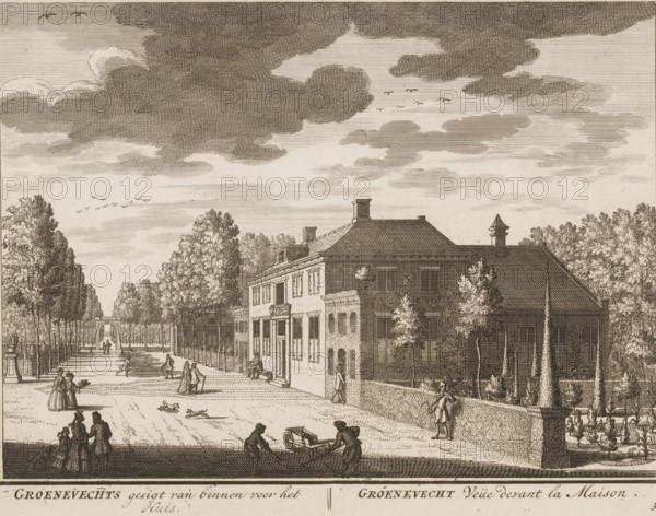 View of Groenevecht in Breukelen, Groenevechts gesigt van binnen voor het huis, Groenevacht veüe devant la maison, print, book illustration, Series number, 38, 98, printmaker: Daniël Stopendaal, publisher: widow Nicolaes Visscher (II), Amsterdam, 1719, paper, etching, height 172 mm x width 225 mm, A detailed sepia-toned engraving shows a formal avenue lined with tall trees receding toward an arched gateway, a large two-story house with a tiled roof and chimneys set to the right, and a walled garden area with clipped trees and hedges adjacent to the house. People in period clothing occupy the foreground and middle distance, including couples conversing, figures walking or standing near the house entrance, a man carrying a long staff by the wall, and two people maneuvering a small cart near the lower edge. Dogs and small animals appear on the path, and groups of distant figures are visible along the tree-lined promenade. The sky is filled with banded, crosshatched clouds and flocks of bi...
