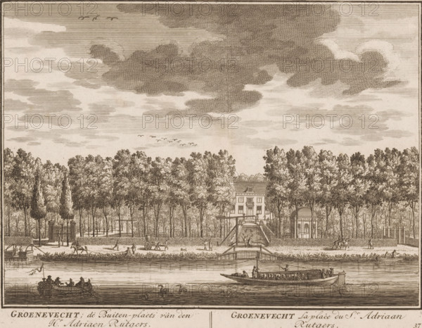 View of Groenevecht in Breukelen, Groenevecht, the country estate of Mr. Adriaen Rutgers, Groenevecht la place du sr. Adriaan Rutgers, print, book illustration, Series number, 37, 98, printmaker: Daniël Stopendaal, publisher: widow Nicolaes Visscher (II), Amsterdam, 1719, paper, etching, height 170 mm x width 228 mm, A wide landscape engraving showing a river in the foreground with small rowing boats and a larger covered boat carrying seated passengers, waterfowl on the water, and figures standing at the riverbank; beyond the river a formal bank with a bridge and steps leads up through a tree-lined avenue toward a multi-story house partly obscured by tall dense trees, flanked by smaller structures and garden gates; along the avenue people are walking and a horse-drawn cart is visible on a path; the sky above is filled with layered clouds and a small flock of birds.