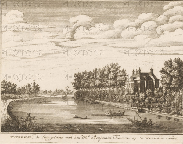 Vyverhof, the pleasure grounds of Mr. Benjamin Feixera, overlooking Weerestein, View of the country estate Vijverhof, in Breukelen, print, after print by Daniël Stopendaal, 1720 - 1800, Daniël Stopendaal, printmaker, after print by, paper, etching, height 153 mm x width 204 mm, Copy of a print in: Stopendaal, Daniël. The Triumphant Vecht, showing various views of pleasure grounds, manor houses and villages, beginning in Utrecht and ending with Muyden. Amsterdam: Widow Nicolaas Visscher, 1719., rural housing, e.g. country-house, villa, cottage, Breukelen, A wide sepia-toned engraving shows a river or broad canal curving from the foreground into the distance, with calm water reflecting light and several swans and small boats on its surface; along the right bank a long line of tall trees obscures a large multi-story house with steep roofs and small decorative turrets, and a low fence or railing runs beside a pathway; on the left bank nearer the foreground a figure stands by the water's ed...