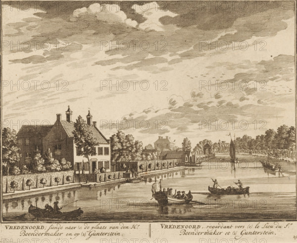 View of Vredenoord near Breukelen, Vredenoord, looking towards the place of Mr. Boendermaker and towards Gunterstein, looking towards the place of Mr. Boendermaker and Gunterstein, print, book illustration, Series number, 29, 98, printmaker: Daniël Stopendaal, publisher: widow Nicolaes Visscher (II), Amsterdam, 1719, paper, etching, height 163 mm x width 201 mm, A riverside scene rendered in a sepia-toned etching style showing a stretch of water with small rowboats and a larger sailboat, groups of people in the boats, a tree-lined bank with a high wall and a row of clipped trees, several buildings including a large house with chimneys and decorative rooftop elements, smaller houses and a pavilion structure set back among trees, walkways and a low fence along the water, reflections of the boats and trees on the water surface, figures walking or standing on the bank, and a sky filled with layered clouds and a few flocks of birds.